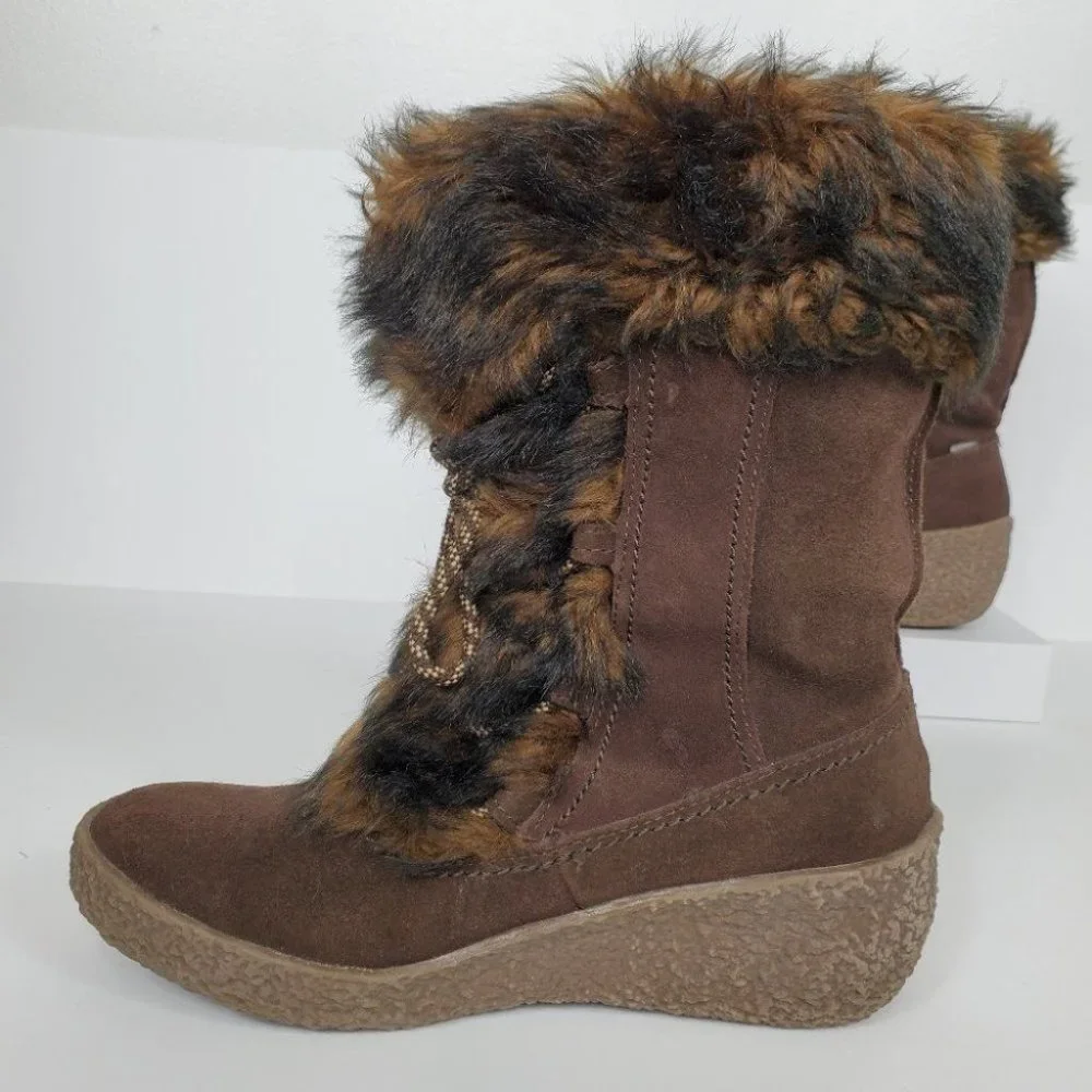 Brilliant Brown Leather Wedge Waterproof Boots Size 8M